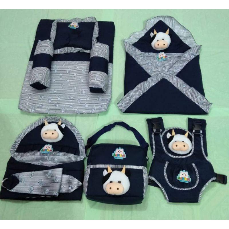 TERMURAH !!! SATU SET PERLENGKAPAN BAYI (PAKET HEMAT 5 in 1) BONUS 1 SET SARUNG TANGAN KAKI BAYI-Set 5 navy tas sapi
