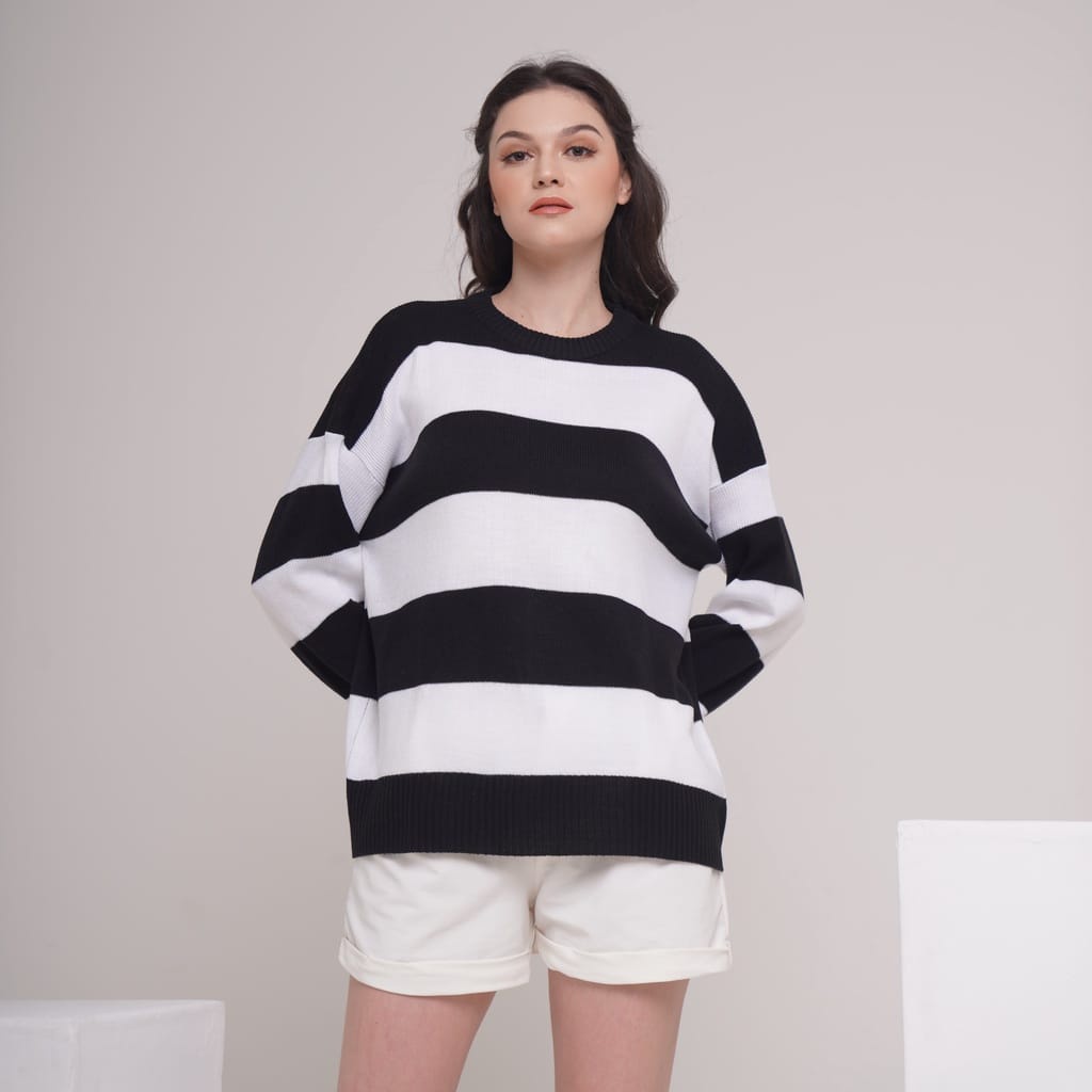 Airen Sweater Rajut Oversize Atasan Knitwear / Rajut Korea Terbaru Motif Garis Ukuran Jumbo