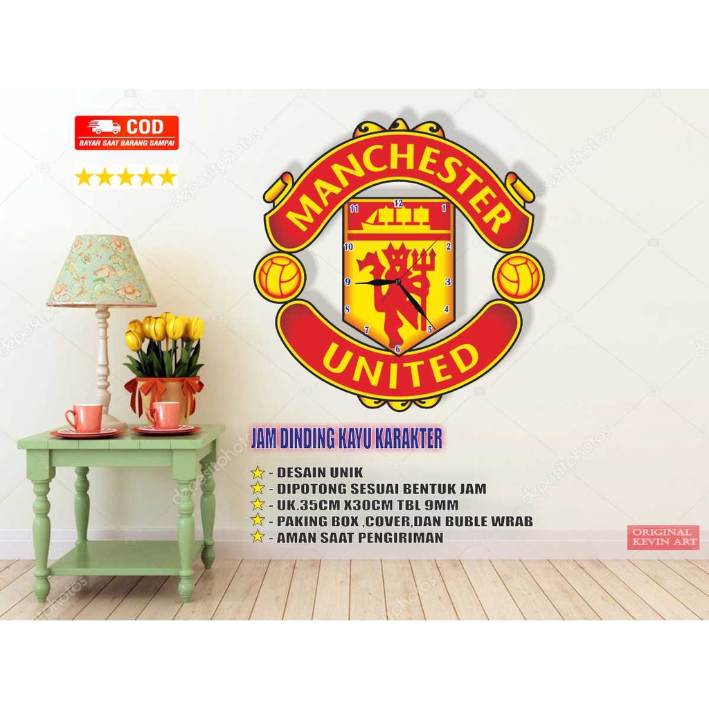 JAM DINDING KAYU UNIK BESAR VINTAGE KARAKTER MURAH GAMBAR LOGO MANCHASTER UNITED