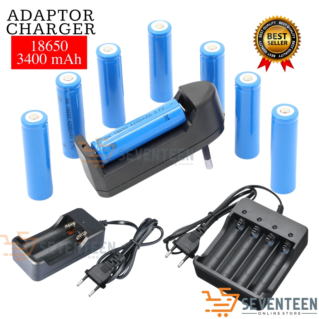 SEVENTEEN BATERAI RECHARGER 18650 3400 mAh BATERAI CAS ULANG BIRU BATU BATRE CASAN BATERAI BATREI 1 SLOT 2 SLOT 4 SLOT BATRAI ISI ULANG