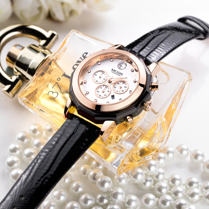 MEGIR 2042 Jam Tangan Wanita Analog Chronograph Tali Kulit WATCHKITE WKOS