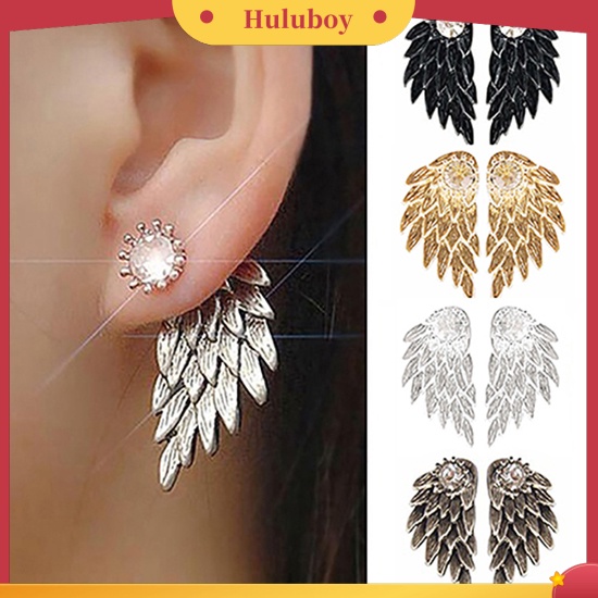 Hu Hu Hu Hu Hu Alat Bantu Pasang Kacamata♡ Anting Tusuk Retro Gothic Desain Sayap Malaikat Hias Berlian Imitasi Untuk Wanita