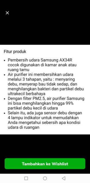 Air Purifier Samsung AX34R3020WW Pembersih Udara Samsung AX 34R3020WW Garansi Resmi