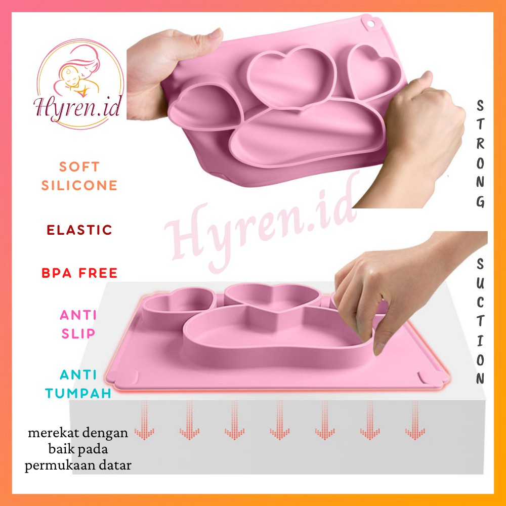 Hyren.id S15 Silicone Feeding Set Piring Bayi Suction Love Sendok Garpu Tempat Makan Silikon Anti Slip Tumpah Hati Heart Baby Plate Premium Balita Anak Lucu Cute Kartun Pink Green Hijau