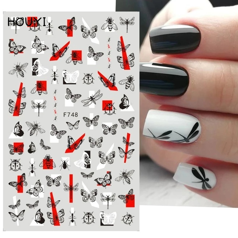 1 Lembar Stiker Kuku Desain Kupu-Kupu Bunga Geometri Warna Hitam Putih Untuk Dekorasi Nail Art Wanita Butterfly