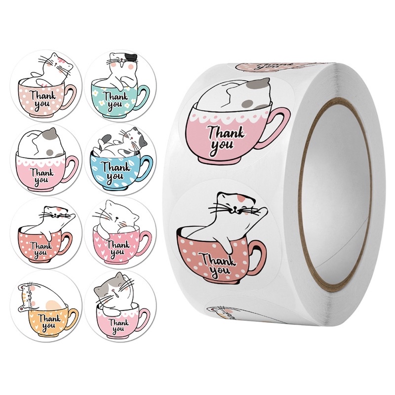 [500Pcs/Roll] Sticker Gulung Thank You Gambar Kucing / Cat Coffee Stiker Thank Online Shop/ Packing Packaging Sticker