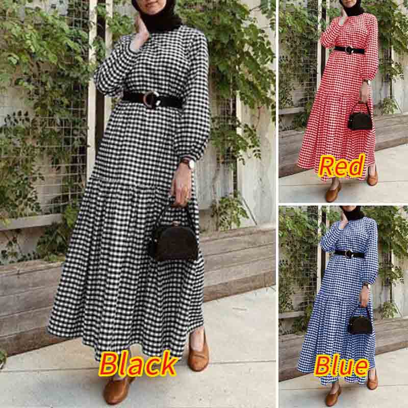 ZANZEA Women Casual Elastic Cuffs Puff Sleeve Plaid Muslim Long Dress