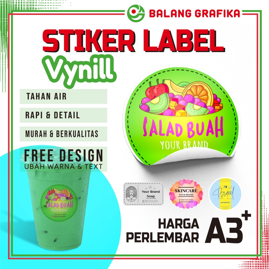 Print Sticker Label Produk Cetak  Stiker  Lebel Pruduct Kemasan Cup Gelas Botol Minuman A3+ Vinyl Tr