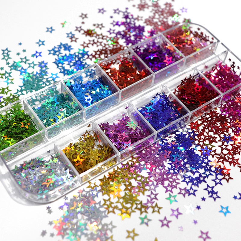 SIY  12 Grids/Box Holographic Glitter Hollow Stars Shape Sequins Epoxy Resin Filling DIY Crafts Jewelry Making Flake Nail Art