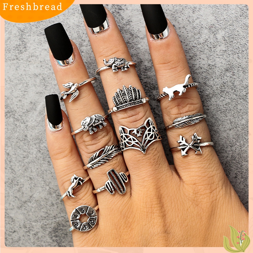 [TERLARIS]12Pcs/Set Leaf Fox Elephant Design Rings Lady Vintage Knuckle Midi Stacking Ring