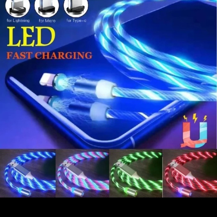 Kabel data magnet 3in 1 LED Packing import led/Lampu Charger Micro USB Magnetik Fast Charging untuk IOS/ANDROID 3 in1 LEd