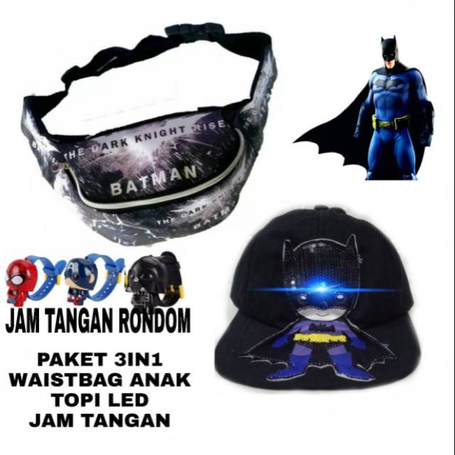 Paket 3in1 selempang waistbag anak topi LED Batman