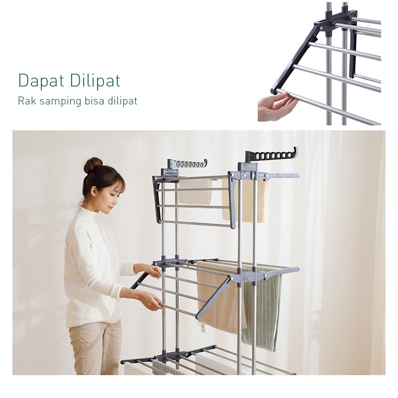 Jemuran Baju 3 Tingkat Jemuran Baju Lipat Berdiri Stand Hanger Cloth Drying Rack Jemuran Stainlees Steel Dengan Roda GOSHOP88