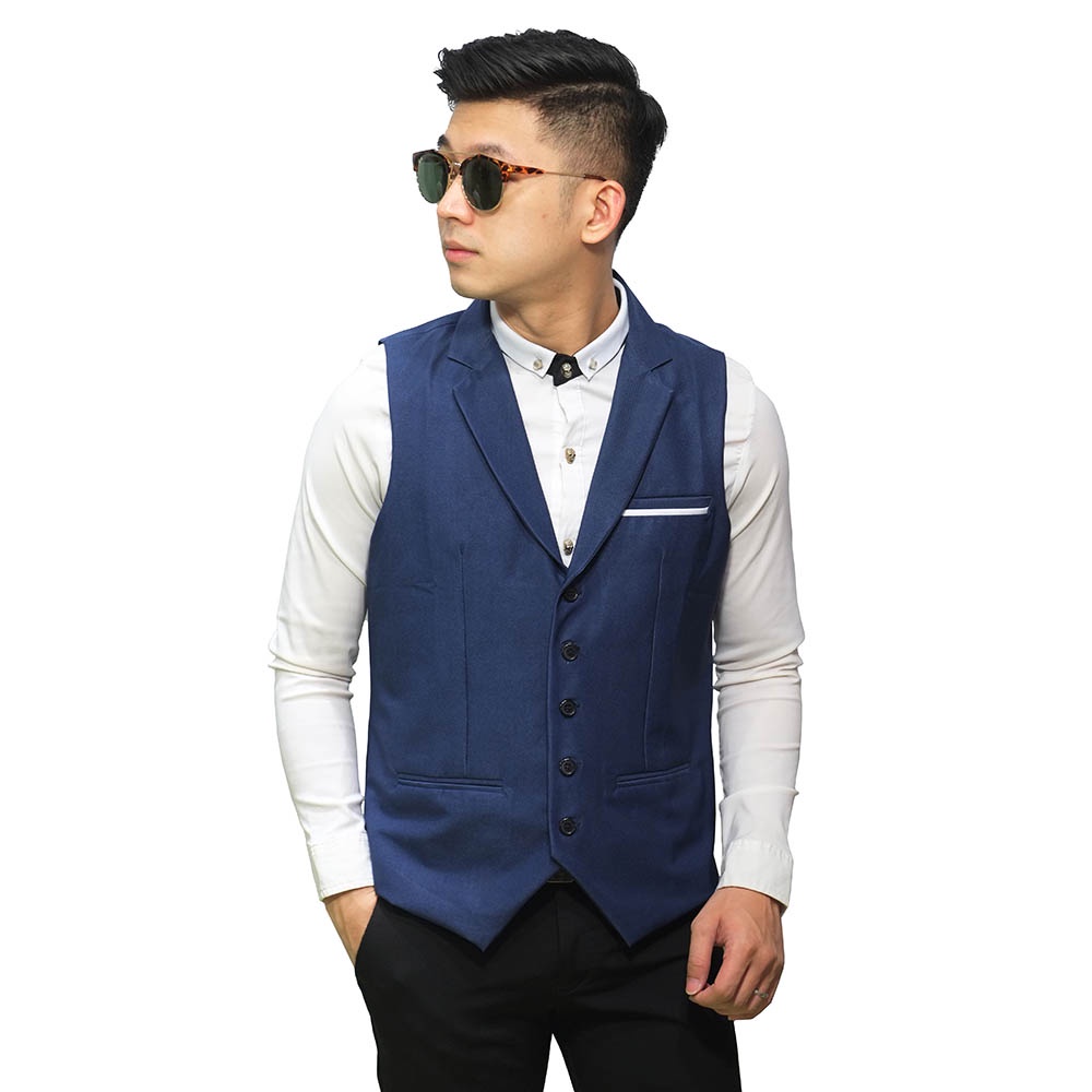 Vest Formal - Rompi Setelan Dalaman Jas Pria/Groomsmen Wedding - Slim Fit M L XL Big Size/Jumbo/XXL-Berkerah - Navy