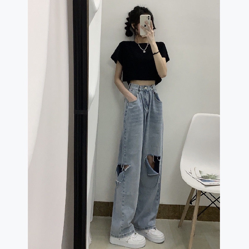 Korean New Women's Loose High Waist Wide Leg pengait celana jeans