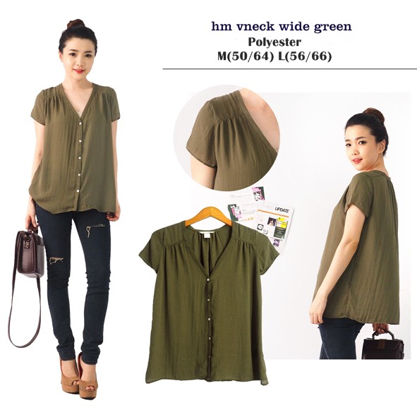 Atasan Wanita Blouse Kemeja ORI Branded HM V-neck wide green