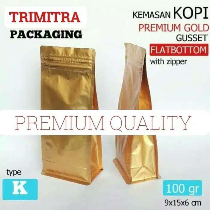 Gusset Flat Bottom 250g Plastik Klip Kemasan Kopi Foil Gold Zipper