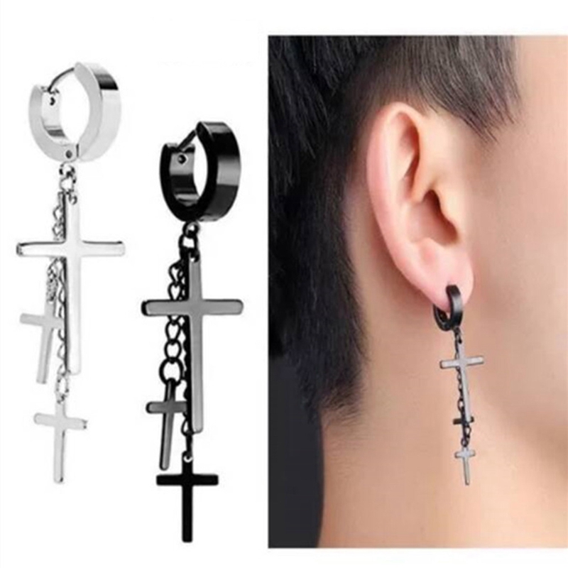 Anting Piercing Tindik Telinga Desain Salib Warna Hitam Bahan Stainless Steel 18g untuk Wanita