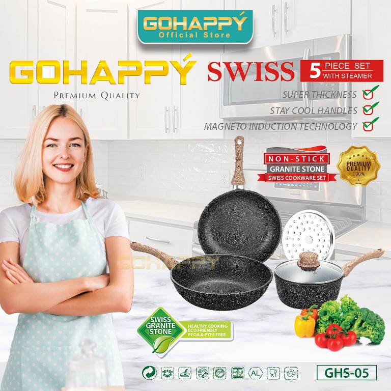 GOHAPPY Panci Swiss granite stone isi 5 piece | Premium cookware set | GHS05