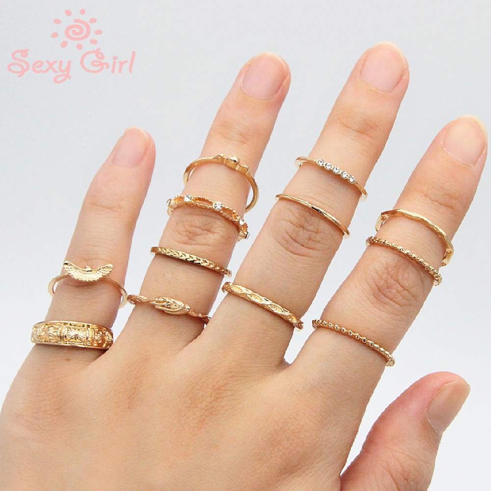 12pcs / Pak Cincin Jari Midi Lapis Emas Hias Berlian Imitasi Gaya Bohemian Untuk Wanita