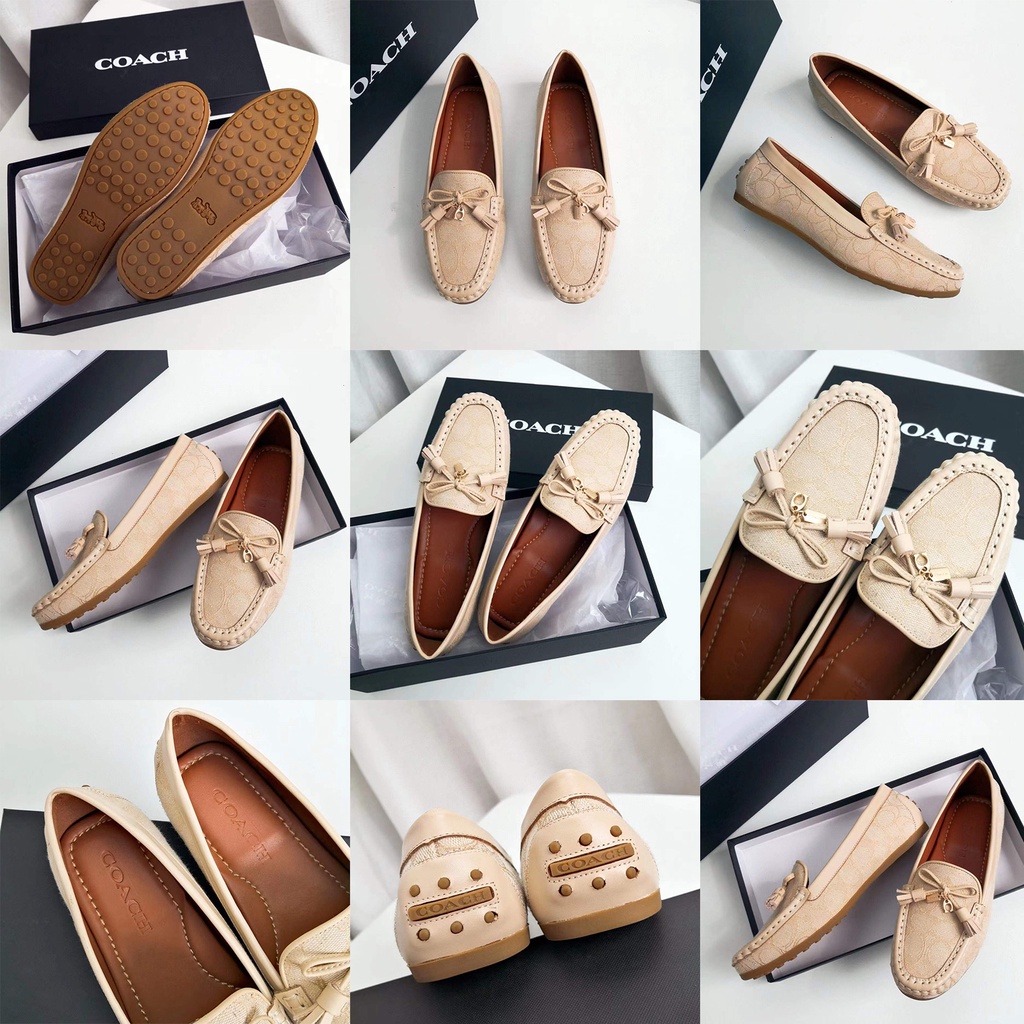 (SameDay Grab) Bow style coach First layer cowhide with canvas material ladies flat casual shoes beans shoes