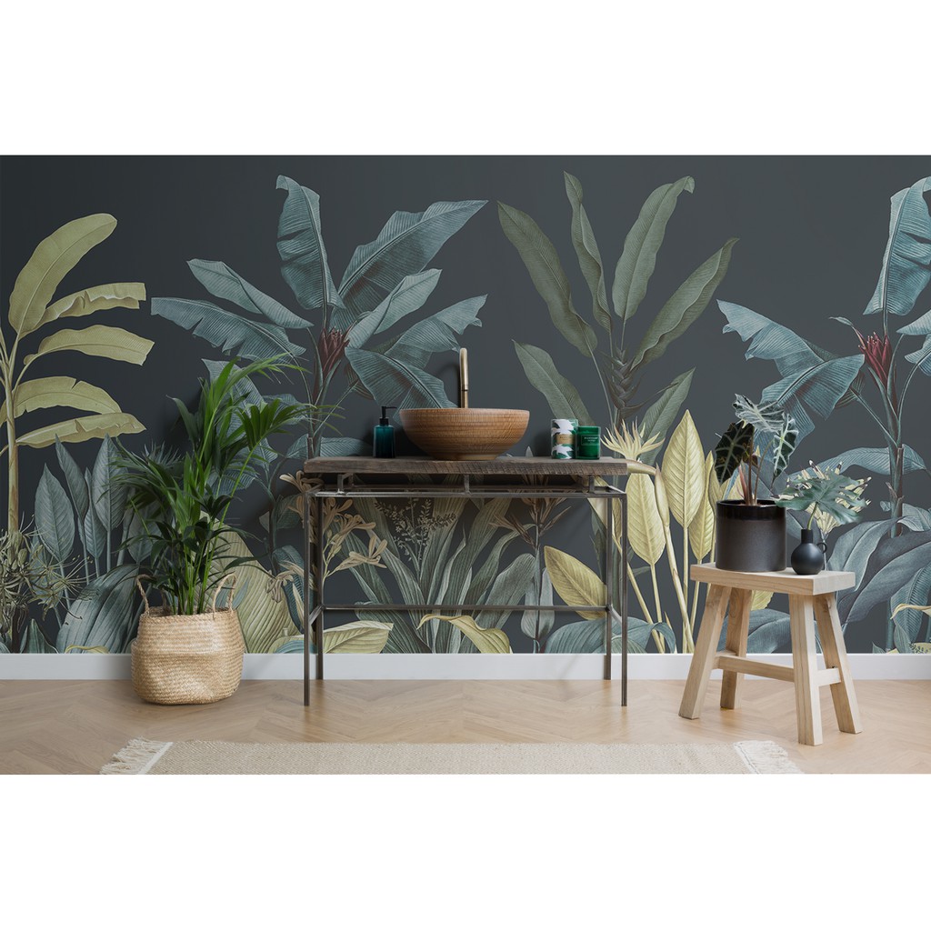 pusat Wallpaper vinyl Premium grade A Mural Photowall Background Motif Daun Pisang Hijau tua