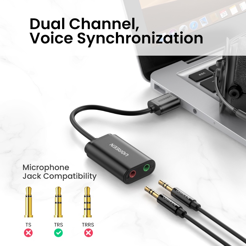 【Stok Produk di Indonesia】Ugreen Sound Card Eksternal USB Ke Microphone Speaker Audio Interface 3.5mm Untuk PS4 Laptop Komputer