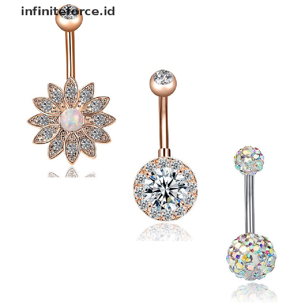 Infiniteforce.id 3pcs / Set Cincin Tindik Perut / Pusar Bahan Stainless Steel Hias Kristal Opal Untuk Wanita