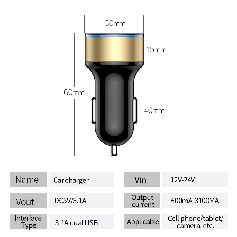 1PCS USB Car Charger Charger Mobil Quick Charging 3.1A Fast Charging 12V 24V LCD Cigarette Lighte