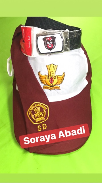 Paket Topi SD MERAH PUTIH Bordir + Gesper + Dasi Bordir PEREMPUAN