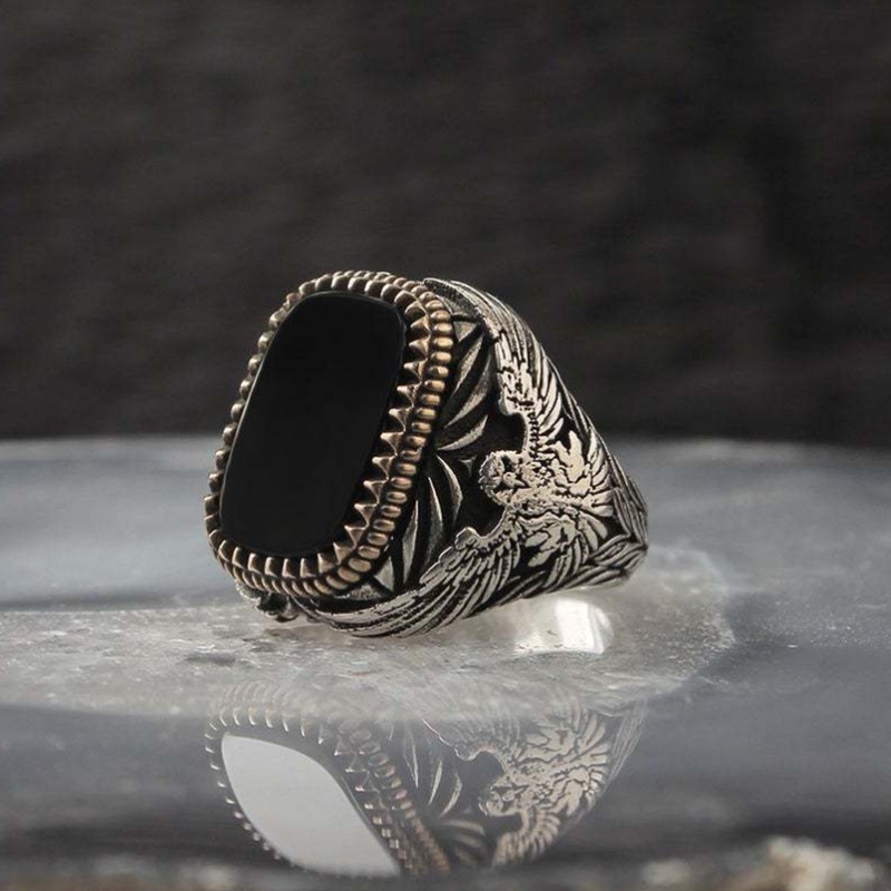 Cincin Batu Akik Hitam Bahan Titanium Steel Gaya Vintage Untuk Pria