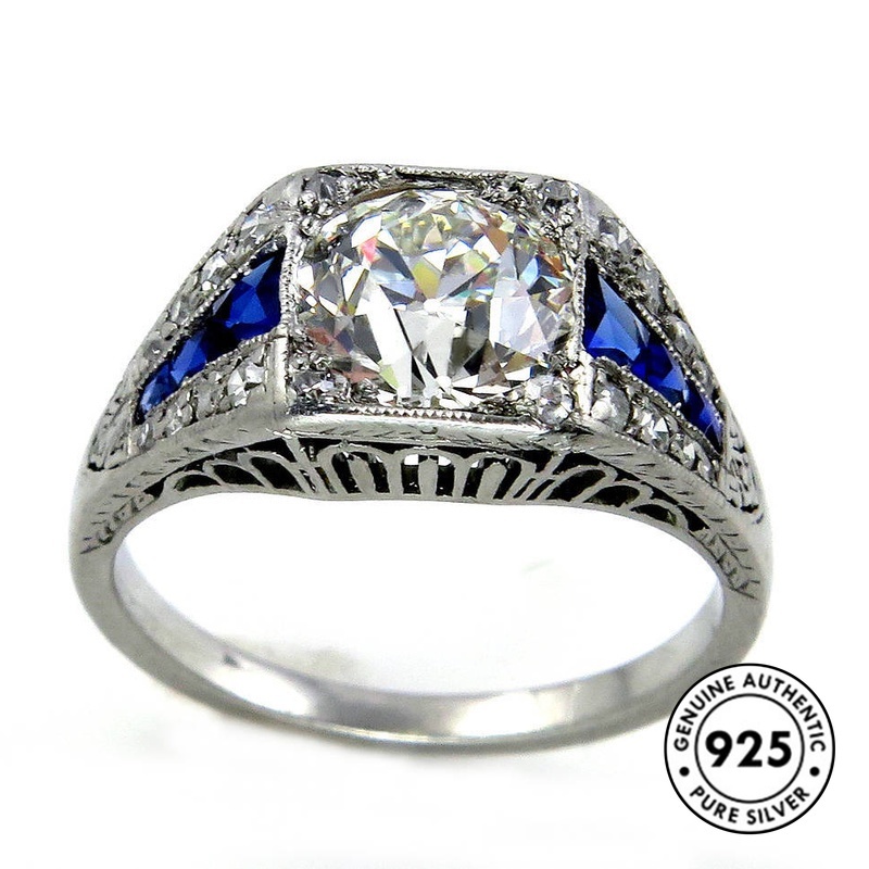 Cincin Sterling Silver 925 Dengan Berlian Kotak Warna Biru Untuk Wanita