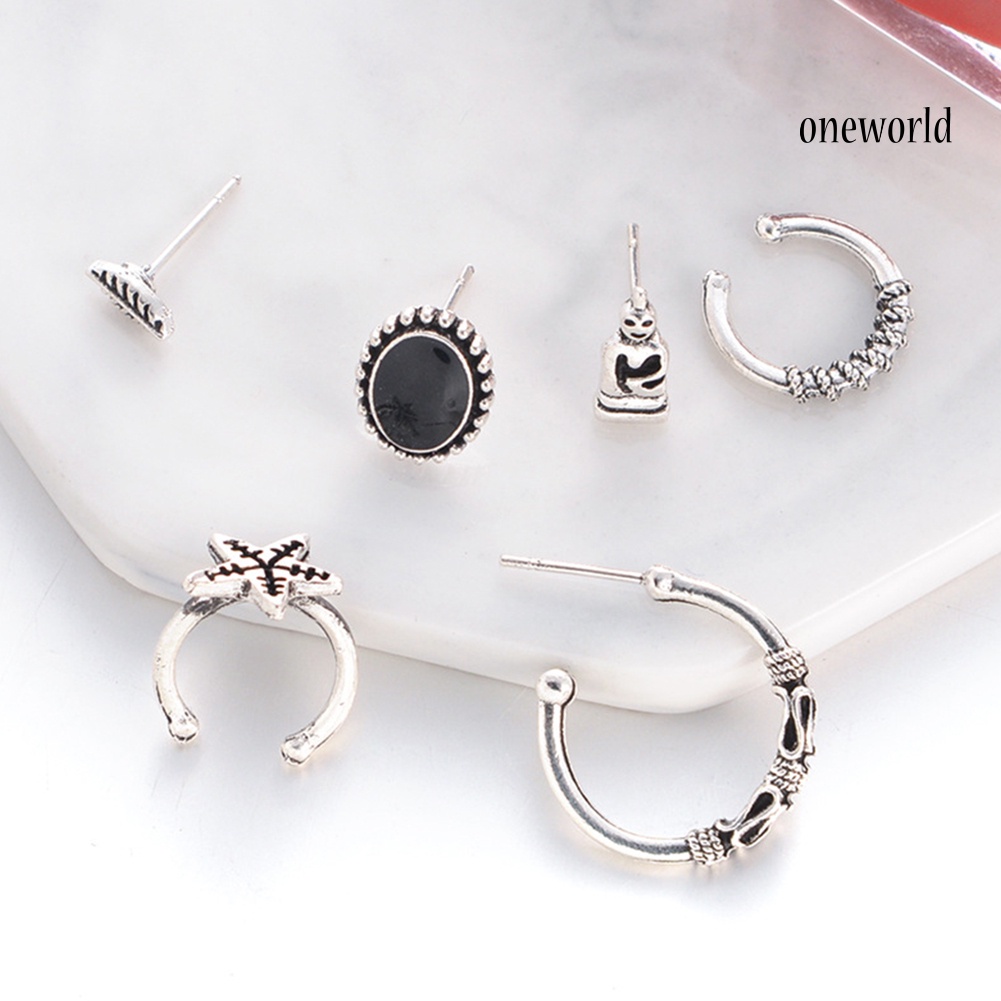 OW@ 6Pcs/Set Bohemian Star Leaf Alloy Ear Stud Clip Earrings Women Jewelry Gift