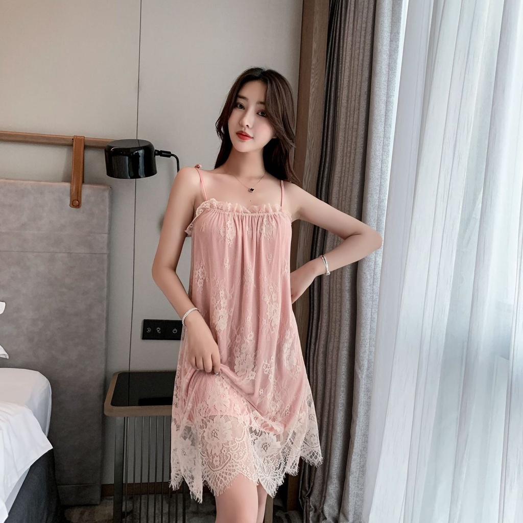 Dress Tidur Lingerie Sexy Bahan Lace/Baju Tidur Wanita Dewasa/Baju Tidur Sexy Tanpa Lengan Muat Jumbo Size