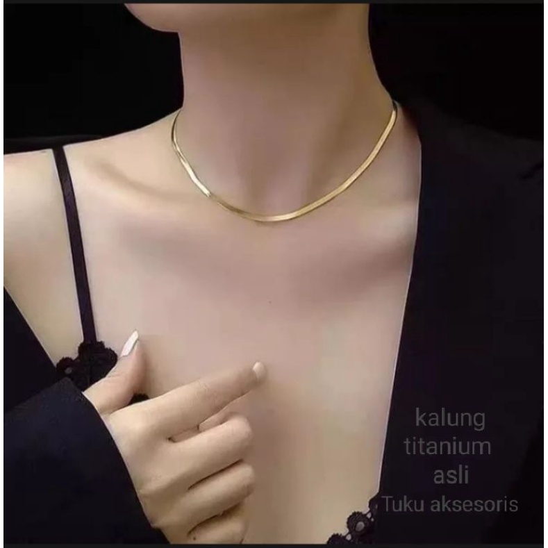 Kalung Pria Wanita Titanium Silver Asli Anti Karat warna emas putih polos pipih