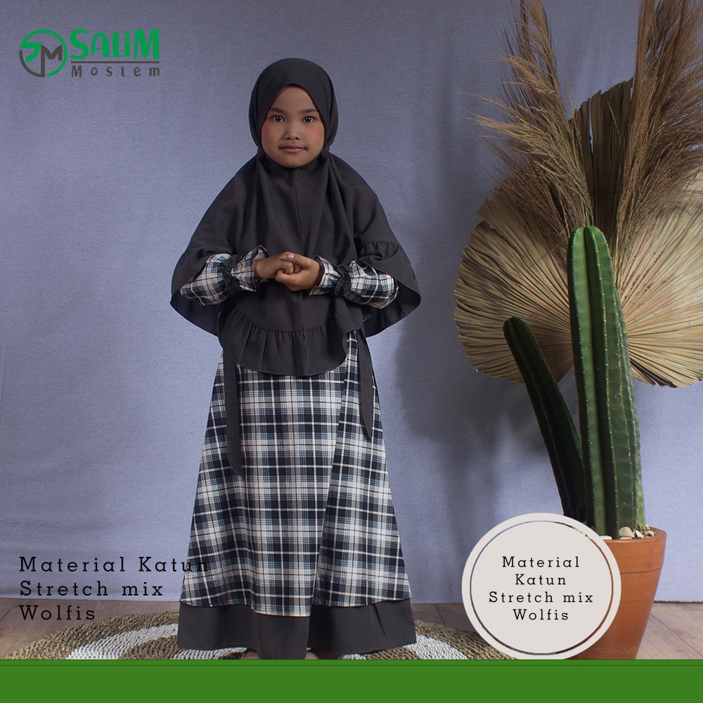 Salim Moslem – Baru Dan Original- Busana Muslim/Gamis Anak Syari Set Kerudung Motif Kotak