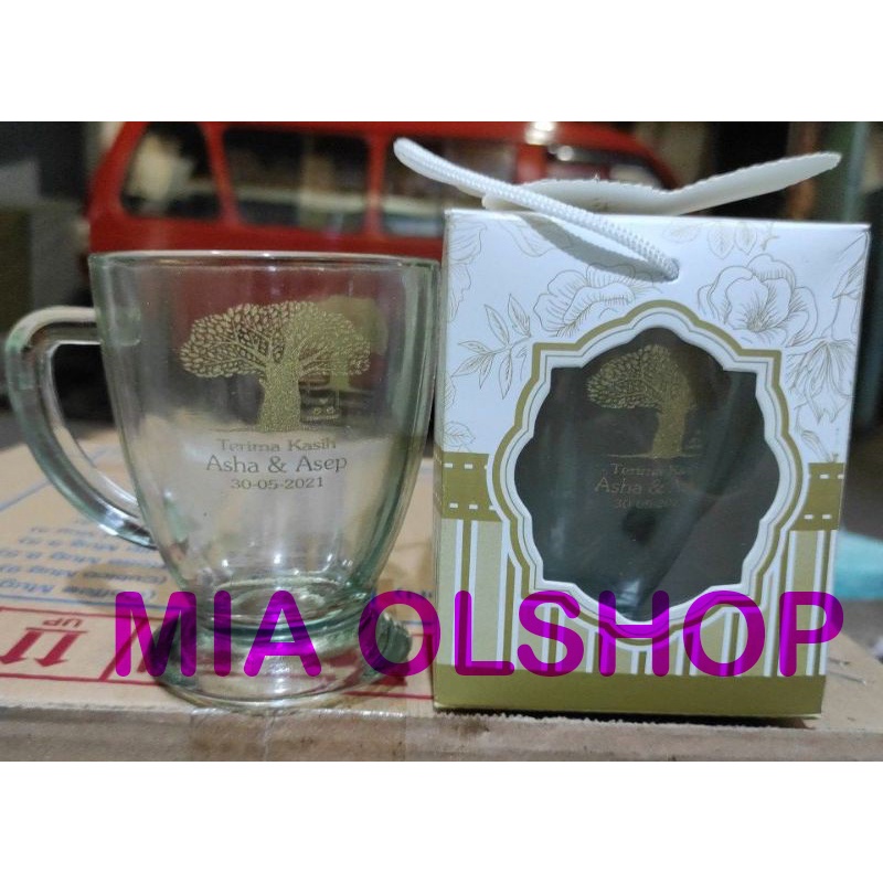 Souvenir gelas piala bening kemasan box gratis sablon nama