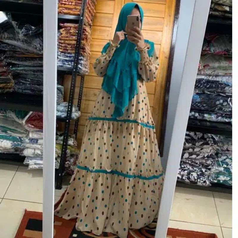 Gamis Monalisa plus Khimar 2 Ceruty 2 layer Murah motif Polkadot