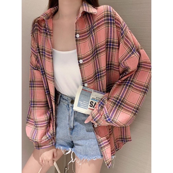 IOS SHOP - Kate Kemeja Katun Impor Casual Wanita Korea Fashion Girls Atasan Lengan Panjang Kotak Kotak-Pink