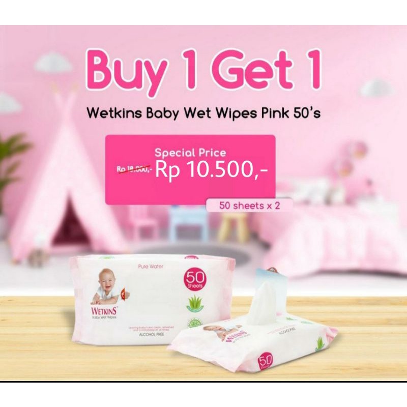 Promo Buy 1 Get 1 Wetkins Tisu Basah Bayi 50 lbr Pink (100 lembar)