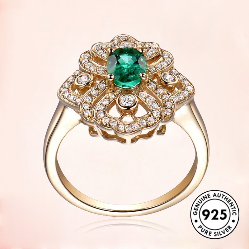 Cincin Sterling Silver 925 Dengan Batu Emerald Warna Rose Gold Untuk Wanita