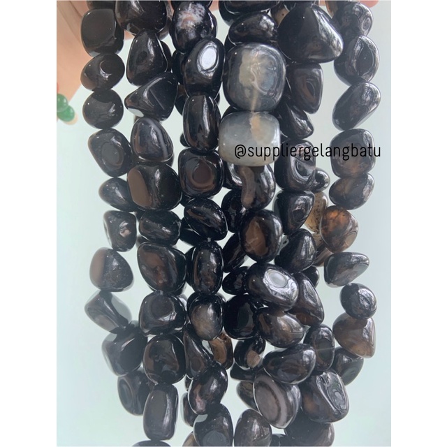 manik Batu alam black agate hitam Beads 14 x 12mm bahan gelang kalung