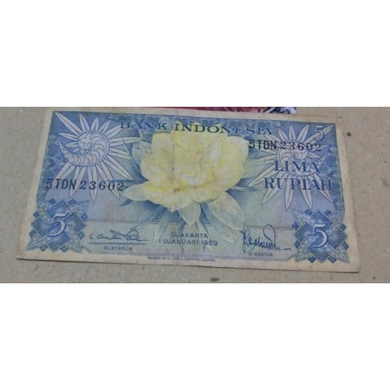 Uang Kertas Kuno 5 Rupiah Seri Bunga Tahun 1959
