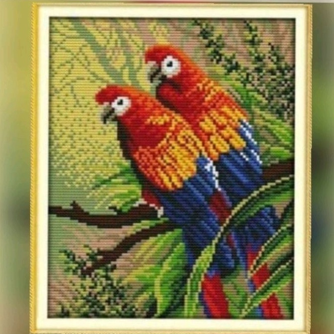 Paket kristik birds burung parrot pola kain dua parkit animal hewan full cross stitch anak pemula em