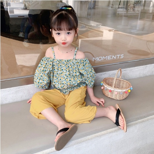 SETELAN STELAN ANAK PEREMPUAN IMPORT Girlset CROP CELANA BUNGA KUNING + CELANA  100-140