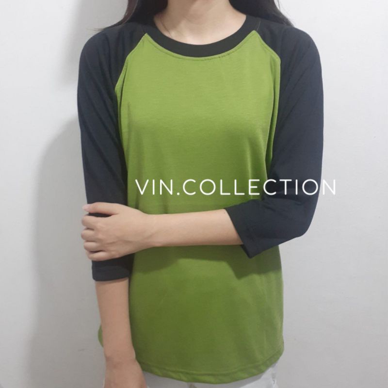 Kaos  raglan pria wanita 3/4 - hijau lumut kombinasi hitam