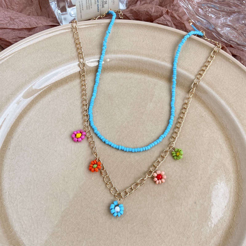 Fancyqube 2pcs / Set Kalung Rantai Manik-Manik Bunga Warna-Warni Handmade Gaya Bohemia Untuk Wanita