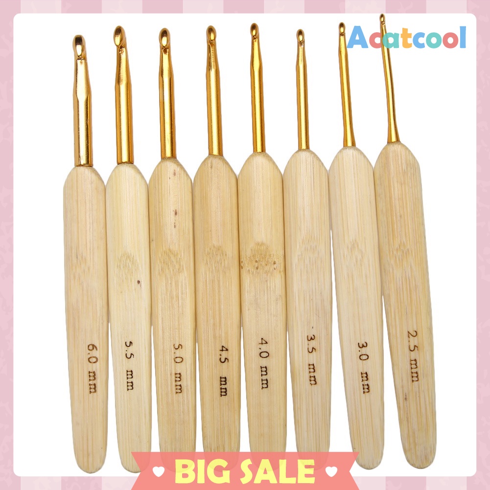 8pcs 8 sizes Bamboo handle Golden Aluminum Crochet Hooks Needles 2.5mm-6mm