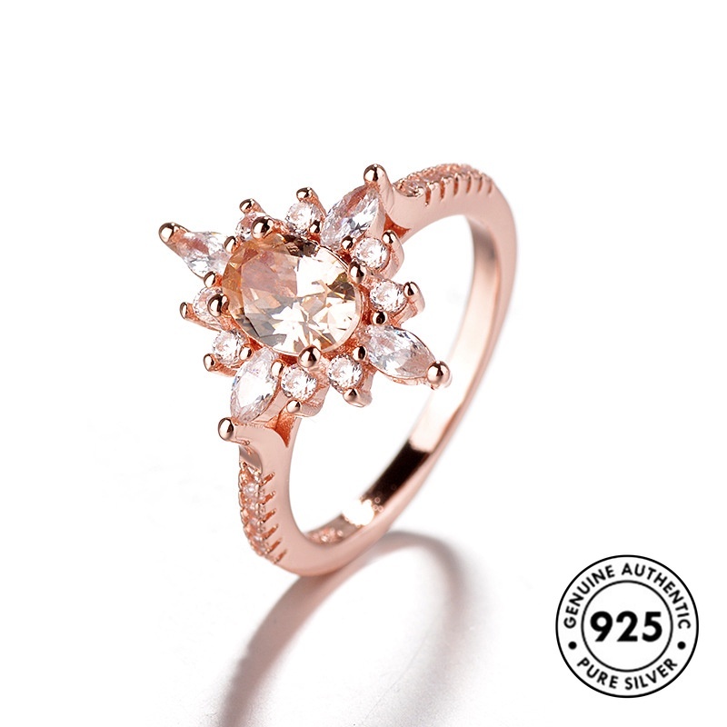 Cincin Berlian Champagne Bahan S925 Silver Warna Rose Gold