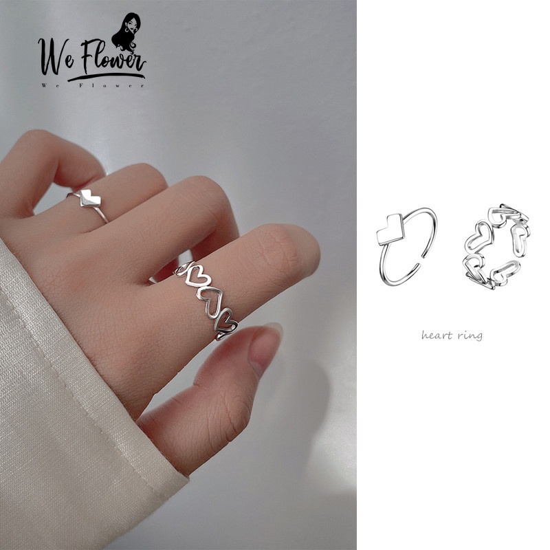 We Flower 2PCs / Set Cincin Silver Bentuk Hati Model Hollow Untuk Wanita